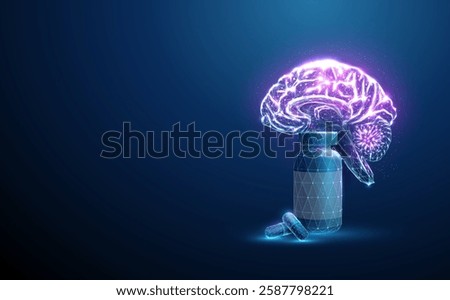 Abstract purple human brains with bottle and medical pills. Brain health and cognitive support, neuroprotection concept. Low poly style. Geometric background. Wireframe light graphic structure Vector.