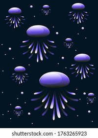 Abstract purple jellyfish with neon style color flat vector illustration on dark background