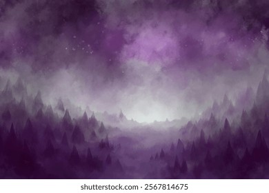 Abstract purple landscape, misty mountains, dreamy atmosphere, ethereal background, artistic digital painting.