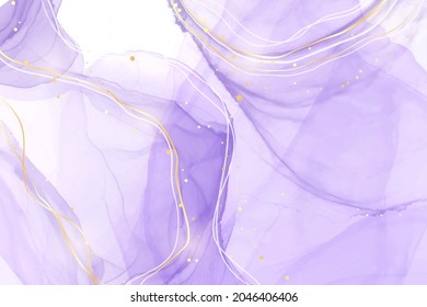 Abstract purple lavender liquid watercolor background with golden lines and dots. Pastel violet marble alcohol ink drawing effect. Vector illustration design template for wedding invitation.