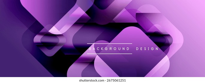 Abstract purple layers create dynamic background. Modern design features overlapping shapes, gradients, smooth transitions. Minimalist aesthetic.
