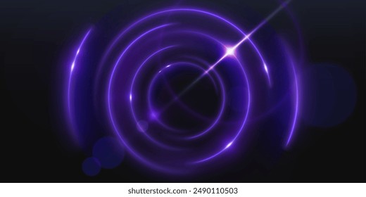 Abstract purple light flare sphere glow effect. Magic neon shine with circular glitter frame design. 3d orb portal with energy motion on curve. Electric shiny and glossy violet speed halo bg