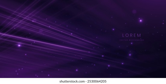 Raios de linhas de luz púrpura abstratos no fundo escuro com efeito de iluminação e bokeh. Ilustração vetorial