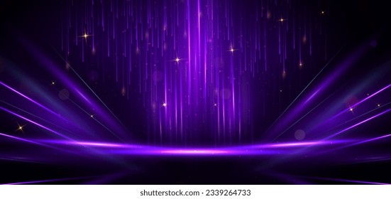 Abstract purple light rays on black background with lighting effect and bokeh. Vector illustration