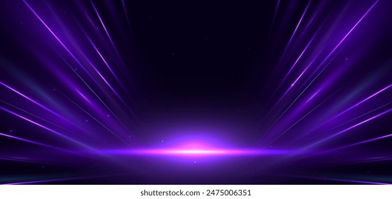 Abstract purple light rays on black background with lighting effect and bokeh. Vector illustration