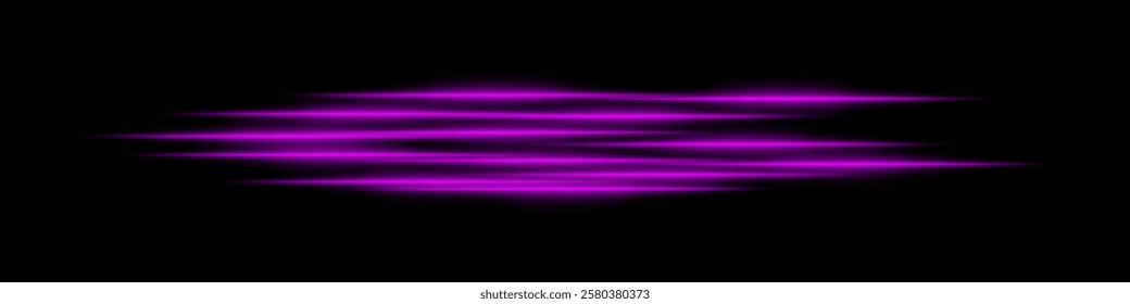 Abstract purple light streaks background. Glowing horizontal lines with motion blur effect on a dark backdrop. Futuristic speed, energy flow, laser beams, and technology concept.