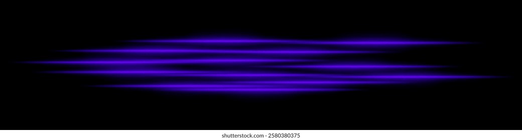 Abstract purple light streaks background. Glowing horizontal lines with motion blur effect on a dark backdrop. Futuristic speed, energy flow, laser beams, and technology concept.