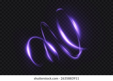 Abstract purple light trail with neon swirls on transparent background. Curved motion line effect with soft purple shimmer and blur for design elements