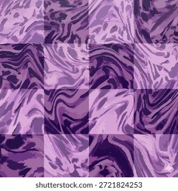 Textura de mármol líquido púrpura Abstractas con patrón de tablero de ajedrez. Fondo de cuadros ondulados distorsionados de moda en tonos violeta. Patrón de rejilla fluida creativa para la impresión textil y de moda.