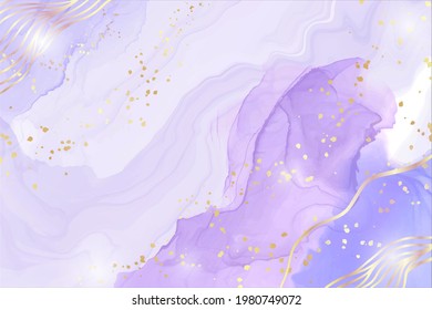 Abstract purple liquid watercolor background with golden stain and lines. Violet geode hand drawn flow alcohol ink effect. Vector illustration design template for wedding invitation.