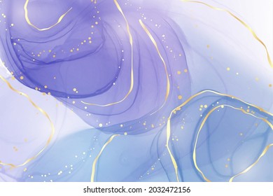 Abstract purple liquid watercolor background with golden stain and lines. Violet geode hand drawn flow alcohol ink effect. Vector illustration design template for wedding invitation.