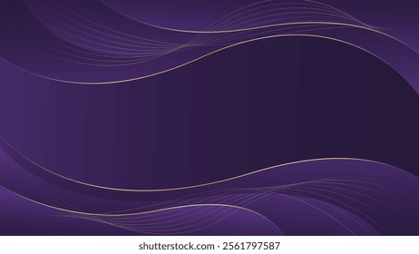 Abstract purple luxury background with gold lines. Elegant wave modern wallpapers. Suitable for templates, banners, cards, sales, ads, events, awards, web and pages