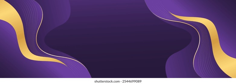 Abstract purple luxury banner background with gold lines. Elegant wave modern wallpaper. Suitable for templates, banners, sales, ads, events, awards, web pages, and headers