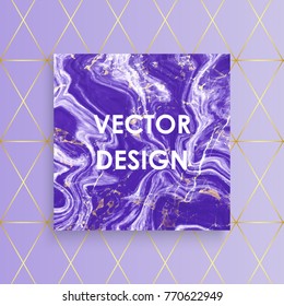 Abstract purple marble texture card, Vector purple gradient with gold lines pattern background, place your text. Template for your designs, banner, invitation, party, birthday, wedding. Trendy vector
