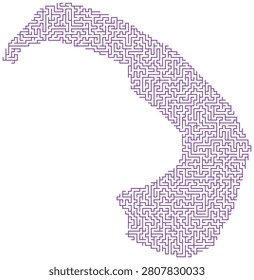 Abstract purple maze in stylized map contour; complex labyrinth with many paths, dead ends, problem-solving challenge, intricate design.