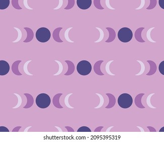 Abstract Purple Moon phase  vector seamless pattern. Astronomy illustration with modern composition. Celestial wall decor.