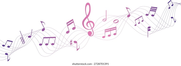 Abstractas notas de música púrpura y clave en líneas onduladas de pentagrama para la composición de pentagramas musicales y diseño de sonido creativo