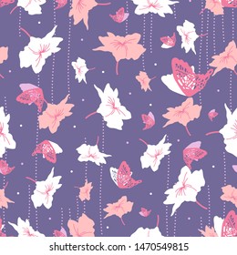 Abstract Purple Nature Background Vector Pink and White Colors Flower and Butterfly Art Seamless Pattern
