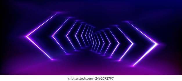 Abstractas fondo de diseño de flecha de luz de neón púrpura. Anuncio futurista para fiesta moderna con láser de velocidad y gráfico de dirección led. Efecto de movimiento de gamer fondo fluorescente brillante con haz violeta