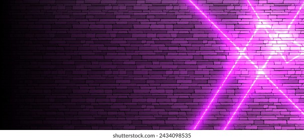abstract purple neon light lines on the dark brick wall background