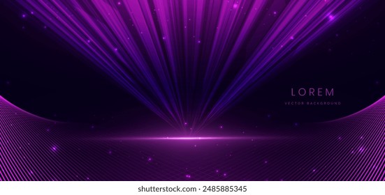Abstractas líneas de luz de neón púrpura y destello sobre fondo púrpura oscuro. Concepto de premio. Ilustración vectorial