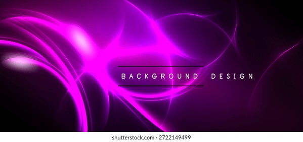 Abstractas líneas de neón púrpura fluyen sobre fondo negro. La energía brillante irradia, creando un efecto visual dinámico. Elemento de diseño moderno.
