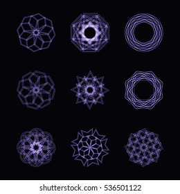Abstract purple neon shape, futuristic wavy fractal of star and circle collection. Vector square and other different decorative elements. Cool geometric illustration
