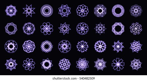Abstract purple neon shape, futuristic wavy fractal of star and circle collection. Vector square and other different decorative elements. Cool geometric illustration