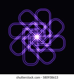 Abstract purple neon shape, futuristic wavy fractal of star and circle sign. Vector square or decorative element. Cool geometric illustration
