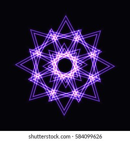 Abstract purple neon shape, futuristic wavy fractal of star and circle sign. Vector square or decorative element. Cool geometric illustration