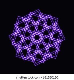Abstract purple neon shape, futuristic wavy fractal of star and circle sign. Vector square or decorative element. Cool geometric illustration
