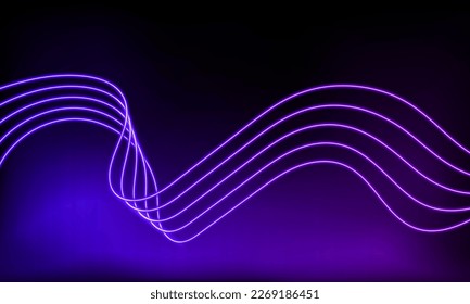 Abstract purple neon wave gradient with line glowing on dark background. Futuristic creative shine backdrop. 3d render. Curved fantastic blend wavy lines geometric equalizer. Vector illustration.