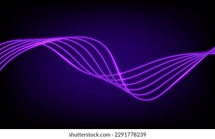 Abstract purple neon wave gradient with line glowing on dark background. Futuristic creative shine backdrop. 3d render. Curved fantastic blend wavy lines geometric equalizer. Vector illustration.