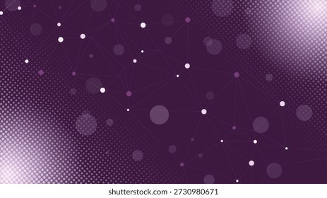 Fundo de rede roxo abstrato com linhas de pontos conectados e profundidade suave estilo digital moderno ideal para tecnologia branding apresentações banners papéis de parede e web design