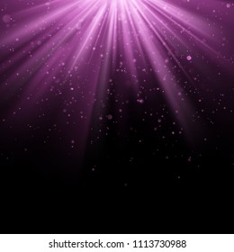 Abstract purple overlay effect. Shimmering object with rays background. Glow light falling down and light flare. Spotlights scene. EPS 10
