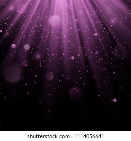 Abstract purple overlay effect. Shimmering object with rays background. Glow light falling down and light flare. Spotlights scene. EPS 10
