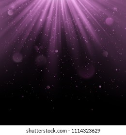 Abstract purple overlay effect. Shimmering object with rays background. Glow light falling down and light flare. Spotlights scene. EPS 10