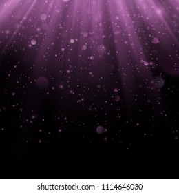 Efecto superpuesto púrpura abstracto. Objeto que brilla con fondo de rayos. Luces de resplandor cayendo y luces encendidas. Escena de los reflectores. EPS 10
