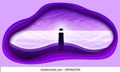 Abstract Purple Paper Cut Water Ocean Sea Lighthouse Nature Background Vector Design Style