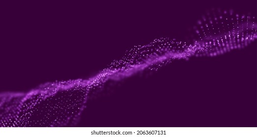 Abstract purple particle background. Flow wave with dot landscape. Digital data structure. Future mesh or sound grid. Pattern point visualization. Technology vector illustration.