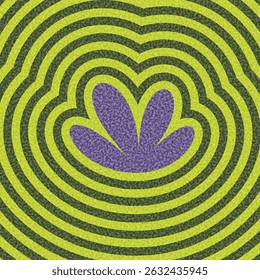 Forma de pétalo púrpura Abstractas centrado en líneas onduladas concéntricas verdes brillantes. Ilustración vectorial con textura retro.
