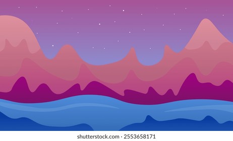 Abstract Purple Pink Blue Landscape Background Banner Mountains River Stars Night Sky Vector Design