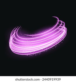 Abstract purple and pink glowing lines and a light ellipse. Magic light effect with neon violet circles in motion and swirling trail effect. Luminous rings with sparkling details. Vector.