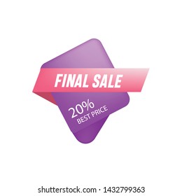 Abstract purple and pink ribbon with 20 % discount. Sale banner template design. Big sale special offer. Purple Special offer banner for poster, flyer, brochure, sticker. Vector illustration.