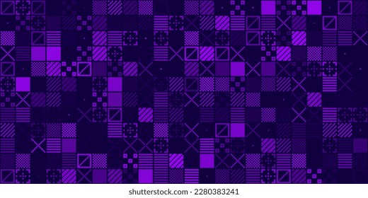 Abstract Purple Pixel Symbols Vector Pattern. Geometric Retro Computer Style Texture. Generative Art Vector Illustration. Vintage 8-bit Game Background. Grid of Pixel Shapes.