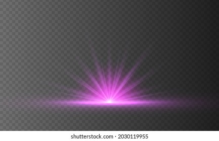 Los rayos púrpura abstractos aumentarán. Efecto especial de la bengala con rayos dorados de luz y chispas mágicas. Sol de explosión brillante aislado en un fondo transparente. Ilustración vectorial, eps 10.