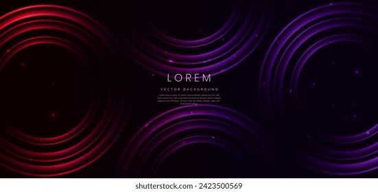 Abstract purple and red circles light ray lines and lighting glowing particles on black background. Vector illustration