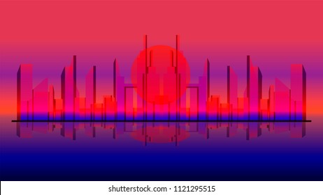 abstract purple and red cityscape, vector banner