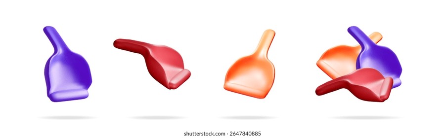 Abstrato púrpura, vermelho e laranja ou furo flutuando sobre um fundo branco. Conjunto de ferramenta de limpeza de casa brilhante.