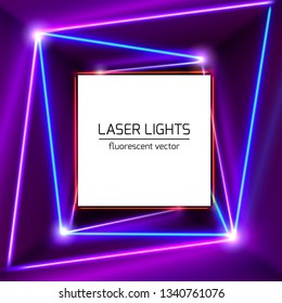 Abstract purple room interior with blue neon lights. Glowing lines background